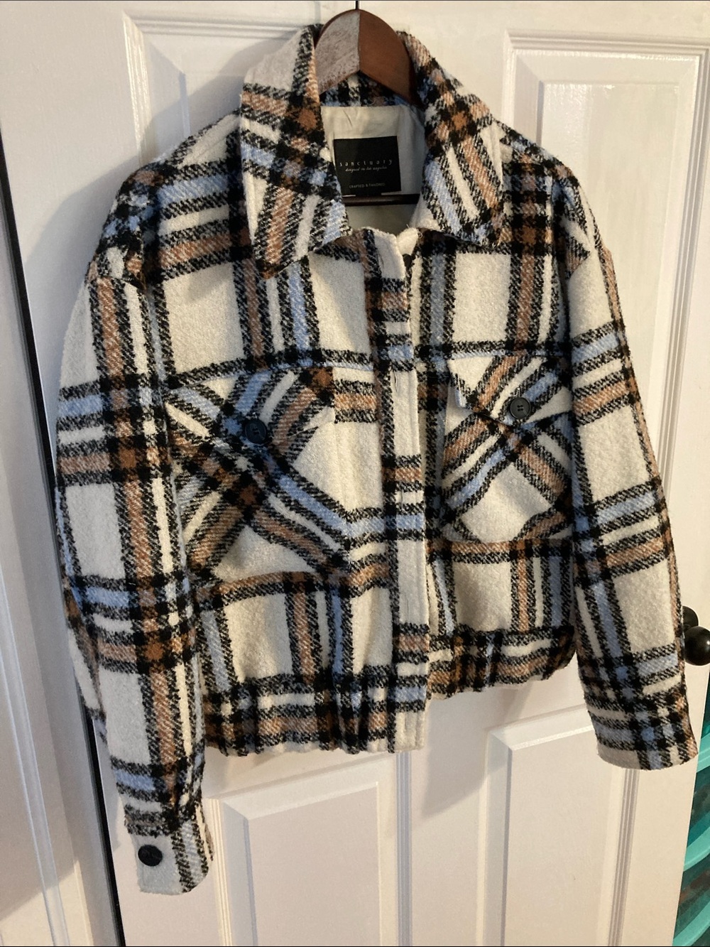 Sanctuary Plaid Jean Jacket in Cream, Brown and Black